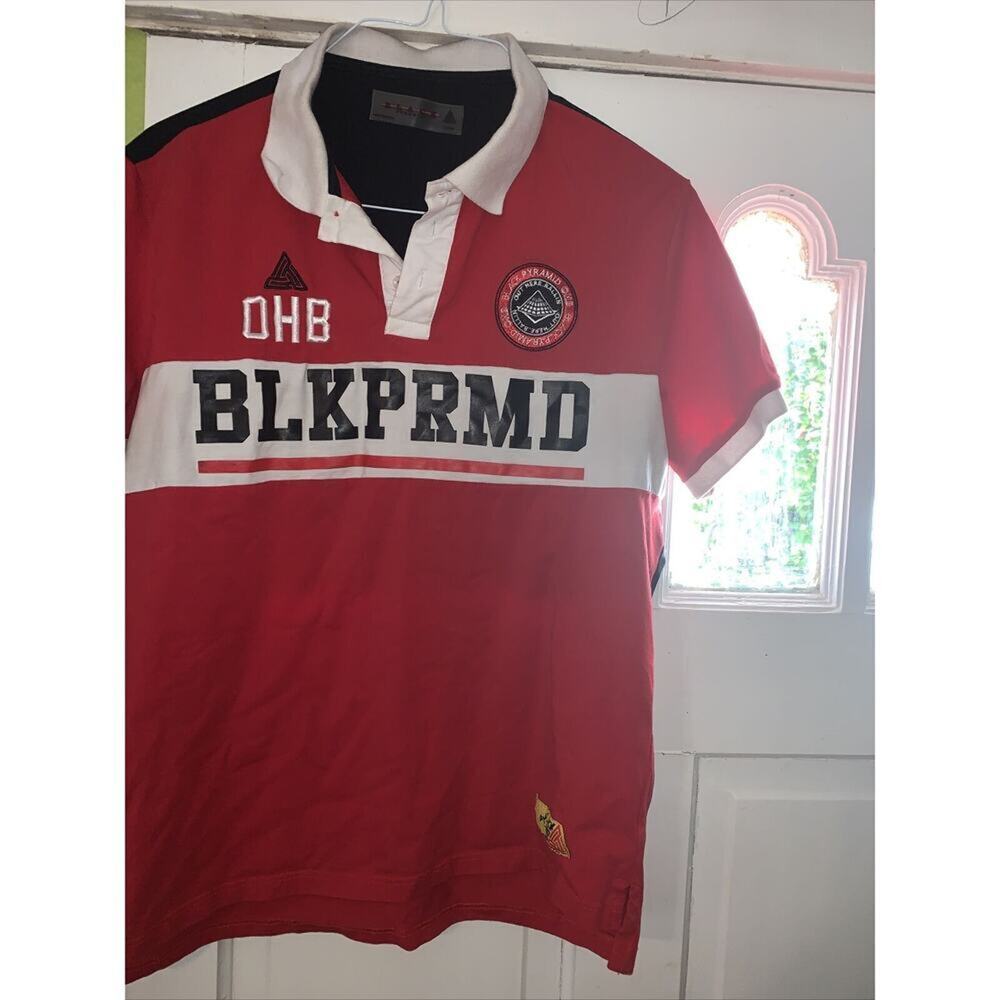 Mens BLACK PYRAMID OHB Out Here‎ Ballin Red Black Logo Polo Shirt L RARE